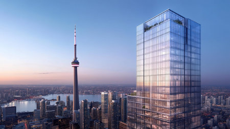 Modern skyscraper at sunset: urban landscape featuring iconic tower and cityscape.
