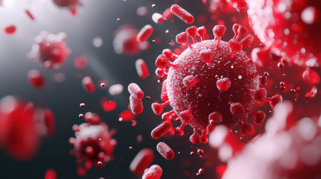 Close-up view of red coronavirus particles floating in dark environment.の写真素材