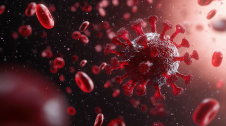Close-up of coronavirus particles surrounded by red blood cells in the bloodstream.の写真素材