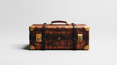 Vintage leather suitcase with brass accents on light background.