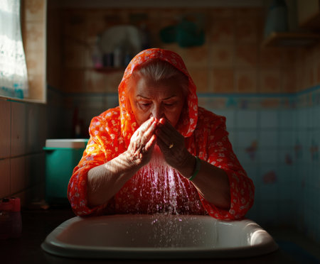 Elderly caucasian woman washing face in sunlit bathroom.の写真素材