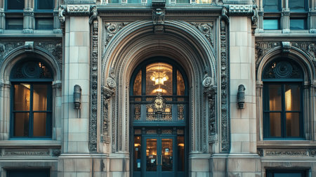Ornate architectural entrance of historic building with detailed arch in evening light.の写真素材