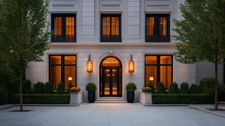 Elegant facade of classic building with warm lighting at dusk.の写真素材