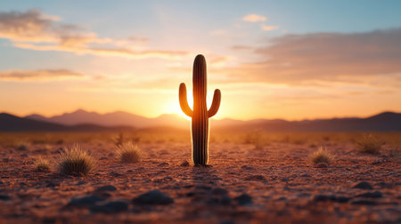 Sunset silhouette of saguaro cactus in desert landscape with vibrant sky.の写真素材