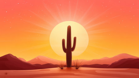 Sunset over desert landscape with prominent cactus and vibrant sky.の写真素材