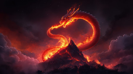 Fiery red dragon erupting from volcanic mountain with dramatic lava and smoke.