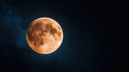 Full moon against starry night sky with deep blue cosmic background.