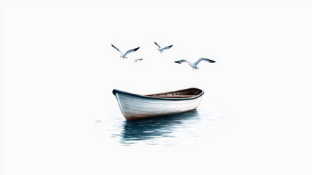 Tranquil white boat with seagulls soaring over calm waters.