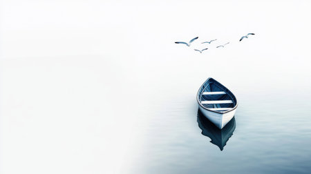 Solitary boat on calm water with seagulls in minimalist tranquil scene.の写真素材
