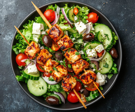 Grilled chicken salad with fresh vegetables and feta cheese skewers on a dark plate.の写真素材
