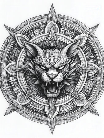 Intricate black and white mandala of fierce cat with geometric patterns.の写真素材
