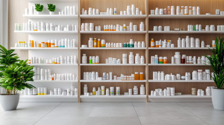 Organized pharmacy shelves with various medicine bottles and green plants in modern interior.の写真素材