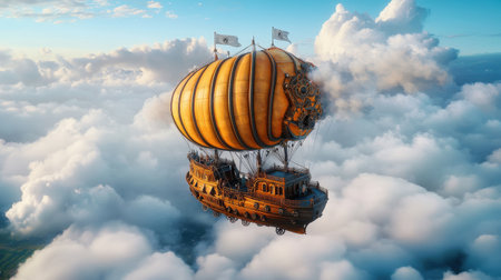 Steampunk airship in flight above clouds with ornate design.の写真素材