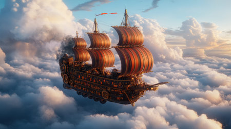 Mystical flying pirate ship soaring through cloudy skies at sunset.