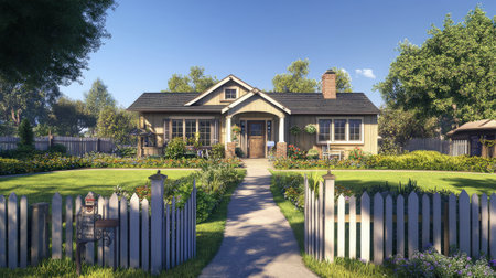 Charming suburban cottage with white picket fence and beautiful garden.の写真素材