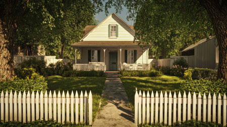Charming white house with picket fence and lush garden in serene suburban neighborhood.