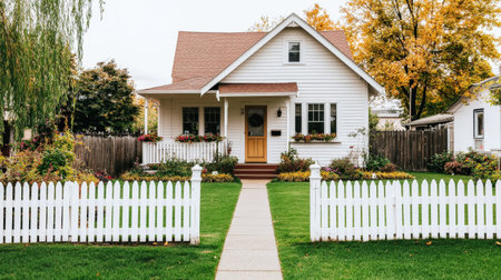 Charming white cottage with red roof and front garden in autumn setting.の写真素材