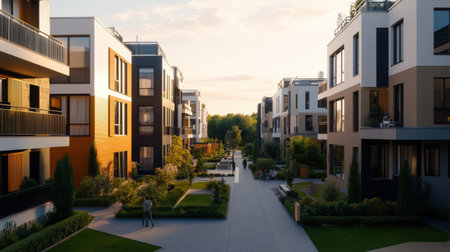 Modern residential apartment complex with green pathway at sunset.