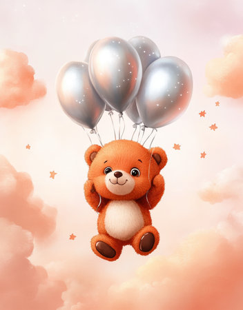 Cute teddy bear with balloons floating among soft clouds.の写真素材