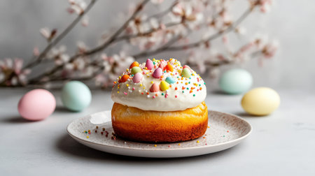 Beautifully styled Ukrainian easter kulich on decorative plate with spring blossom background.