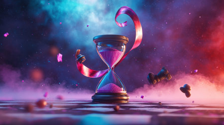 Celestial orphism art with cosmic hourglass on mystical chessboard.