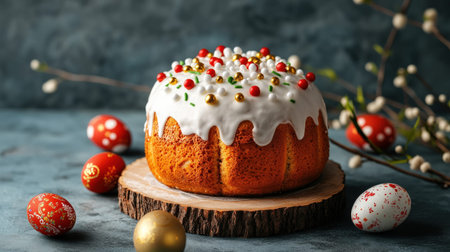 Homemade Ukrainian kulich with icing and decorative easter eggs on wooden base.