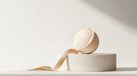 Modern orphism still life with marble sphere and elegant ribbon in minimalist design.