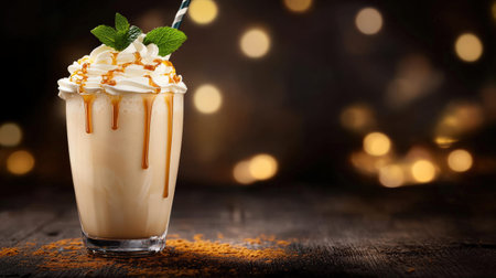 Creamy caramel banana milkshake with whipped cream and mint garnish.