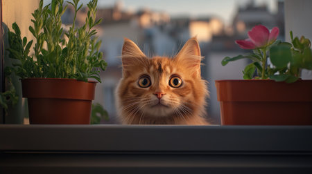 Curious cat gazing through balcony window among potted plants in urban setting.の写真素材