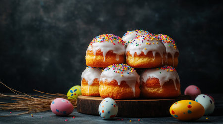 Festive orthodox easter celebration with traditional cakes and decorated eggs.