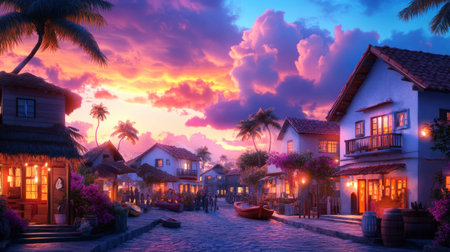 Vibrant lowbrow art depicting a bustling seaside town at sunset.