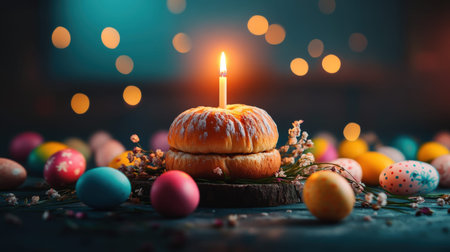 A magical easter night scene with glowing candle and decorated eggs.
