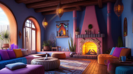 Magical realism living room interior with colorful dÃ©cor and cozy fireplace ambiance.の写真素材