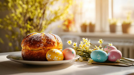 Pastel easter setting with golden bread and decorated eggs for festive table decor.の写真素材