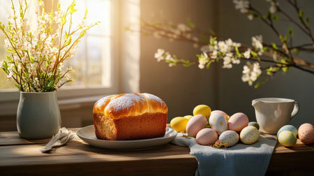 Pastel colored easter setting with cake and decorated eggs for festive celebration.