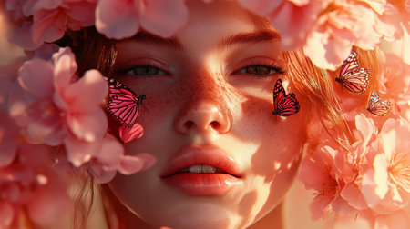 Enchanting floral portrait: young woman with butterflies in a dreamy garden setting.の写真素材