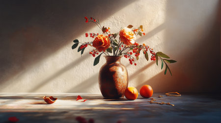 Renaissance inspired still life with vase, flowers, oranges, and jewelry.の写真素材