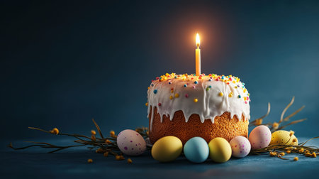 Easter celebration with kulich and decorated eggs perfect for holiday cards and posters.