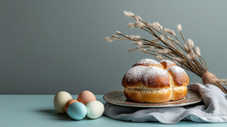 Warm and inviting easter still life with bread and painted eggs.