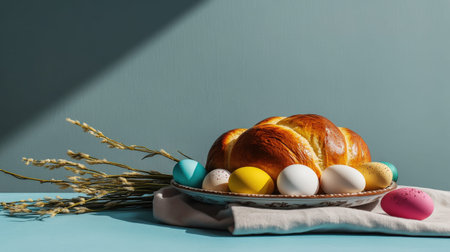 Warm and inviting easter still life with colored eggs and bread.