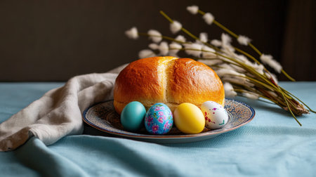 Warm and inviting easter still life with bread and decorated eggs on blue tablecloth.