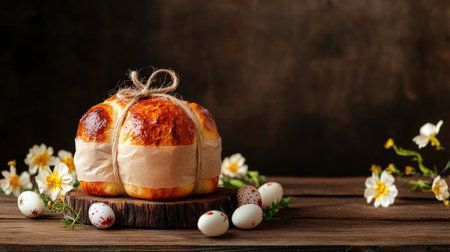 Elegant easter arrangement with traditional kulich bread and decorative eggs.の写真素材