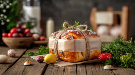 Elegant easter composition with small kulich surrounded by festive decorations.