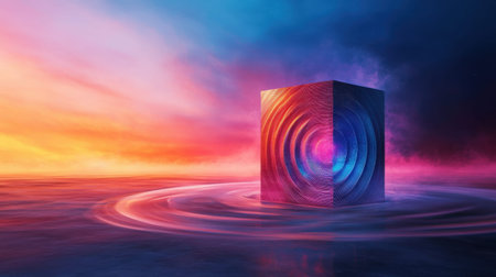 Ethereal orphism painting with mystical cube in vivid abstract landscape.