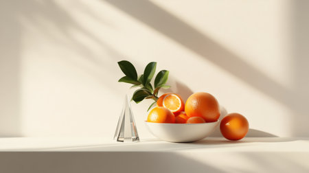 Orphism inspired still life with citrus in ceramic bowl and geometric glass vase.の写真素材