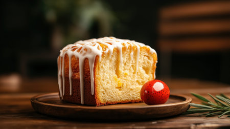 Close up of freshly baked Ukrainian easter kulich with icing and egg for spring celebration.