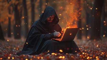 Mysterious hooded figure using laptop in enchanted forest with glowing sparks.