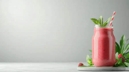 Refreshing berry smoothie in glass jar with straw on white background for healthy eating concept.の写真素材