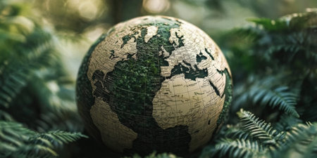 Earth globe with green continents surrounded by lush ferns.