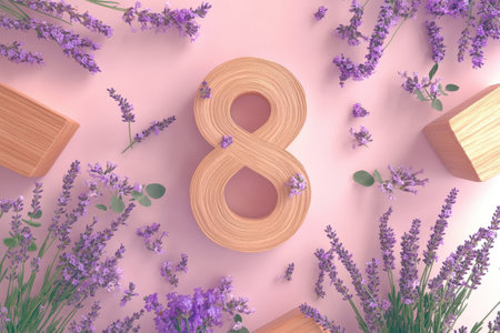 Wooden number eight surrounded by purple lavender on pink background.の写真素材